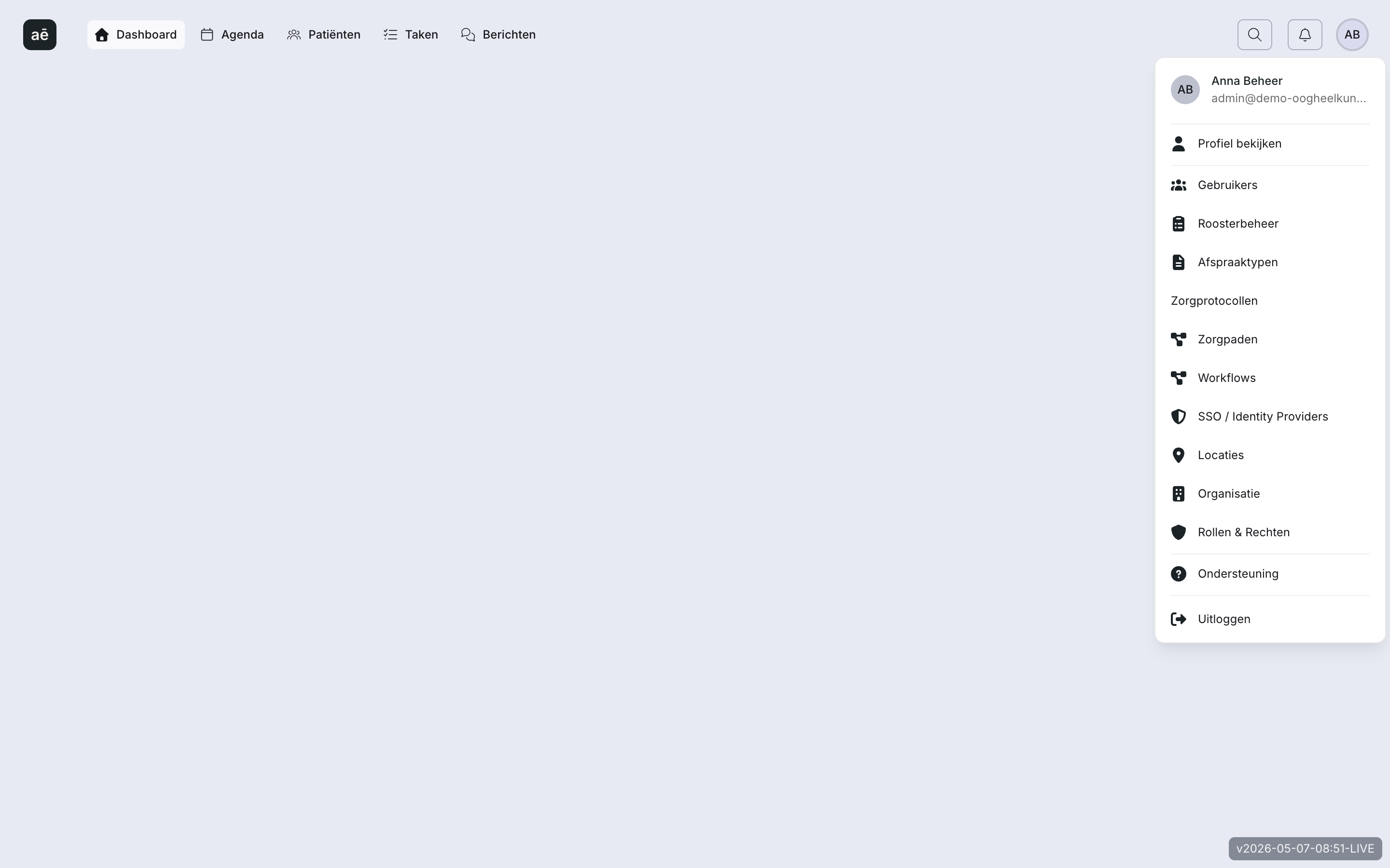 Avatar-menu met beheerlinks